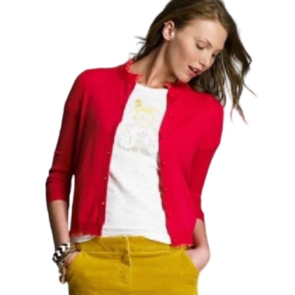 J.‎ Crew 100% Merino Wool Chiffon Ruffle Trim Cardigan Sweater Raspberry Size XL